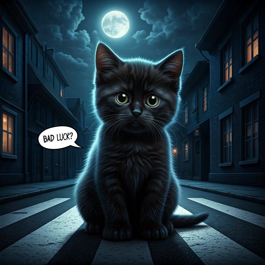 Backlit Black Kitten Asks 'Bad Luck?' on Street
