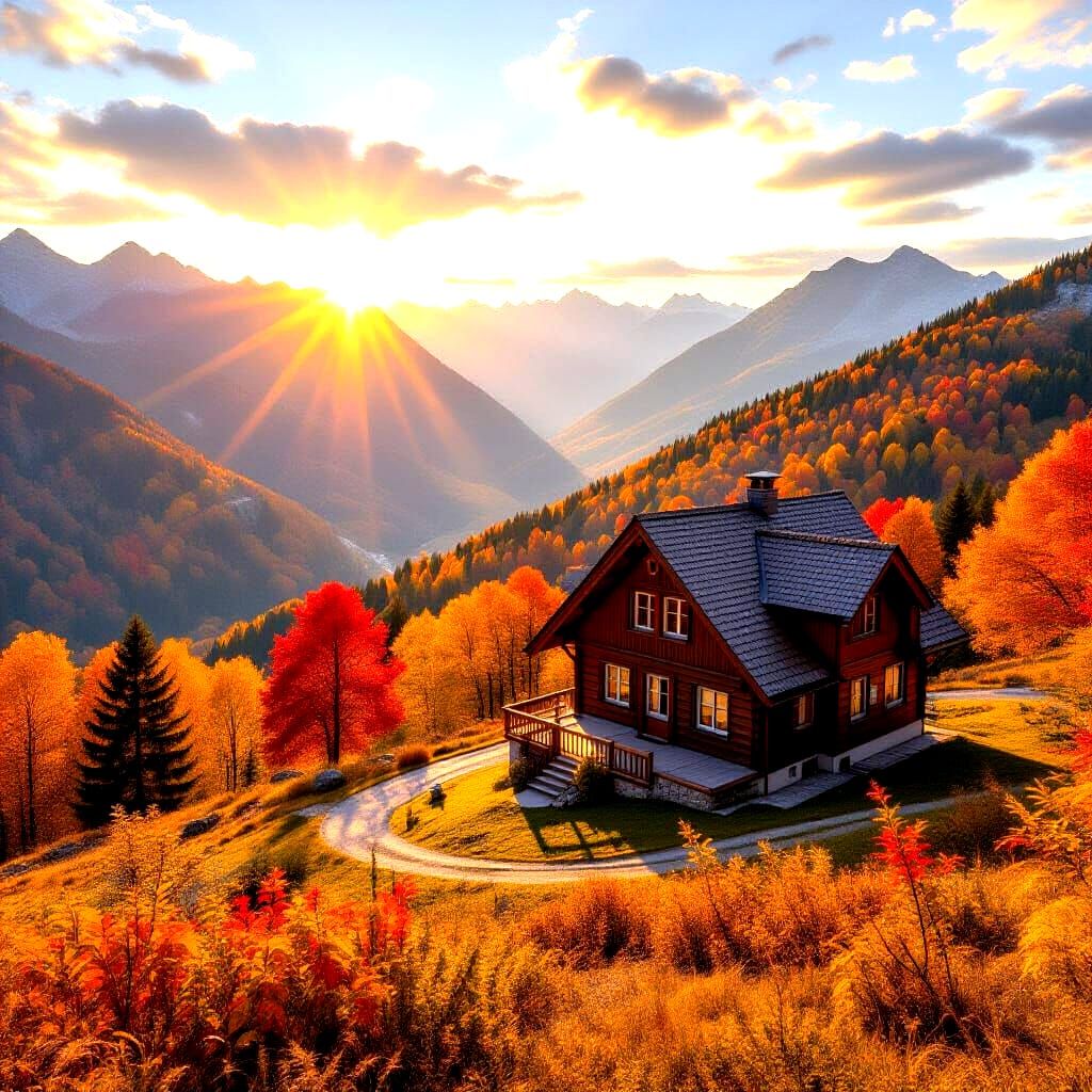 Cozy Mountain Cabin in Autumn Landscape