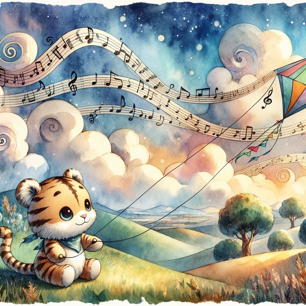Whimsical Tiger Cub Kites Soar in a Dreamy Watercolor Landsc...