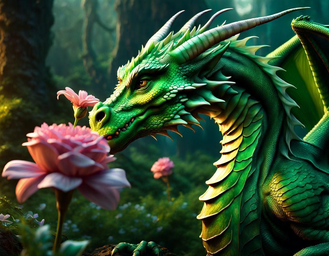 Green Dragon Sniffs Flower in Dark Fantasy Style