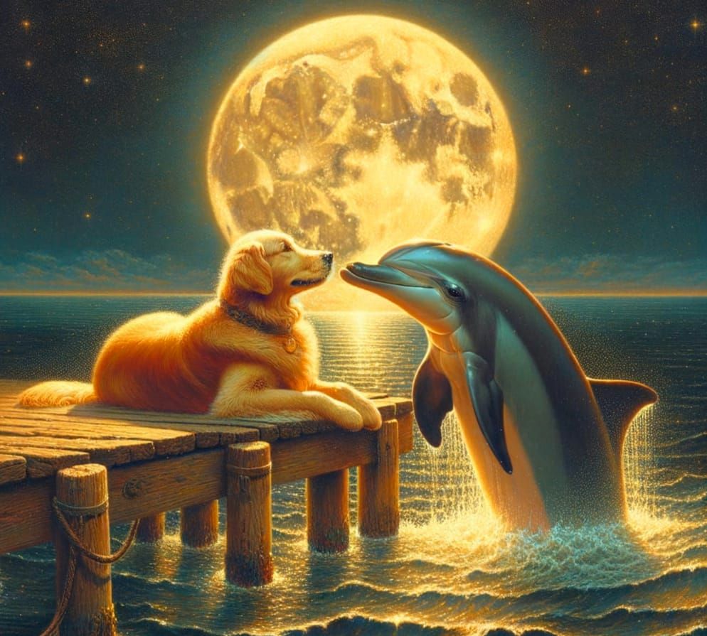 Moonlit Jetty Meeting: Golden Retriever and Dolphin