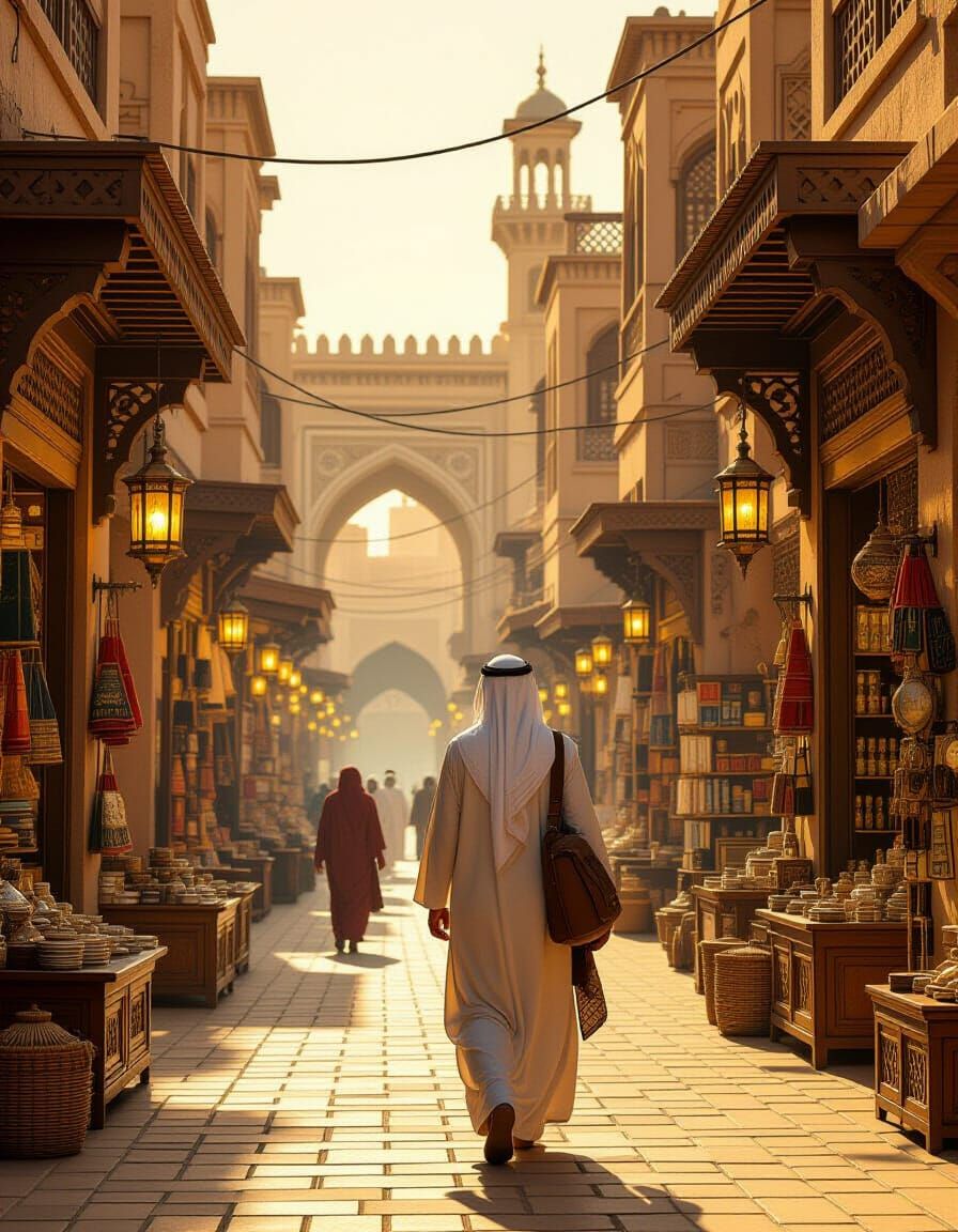 Arabian Trader in Bustling Street with Golden Sunset Lightin...