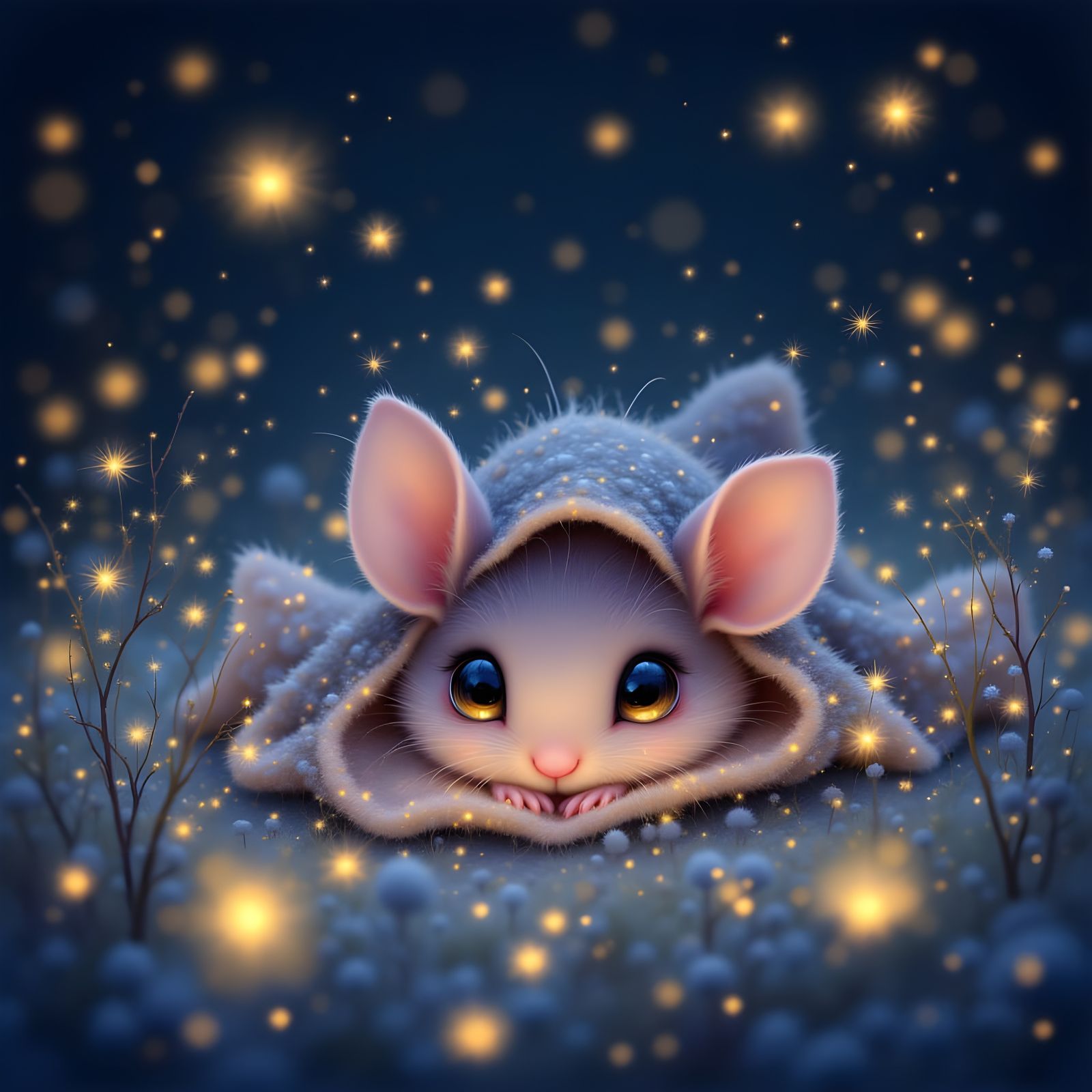 Shy Mouse with Big Eyes Hiding Under Blanket