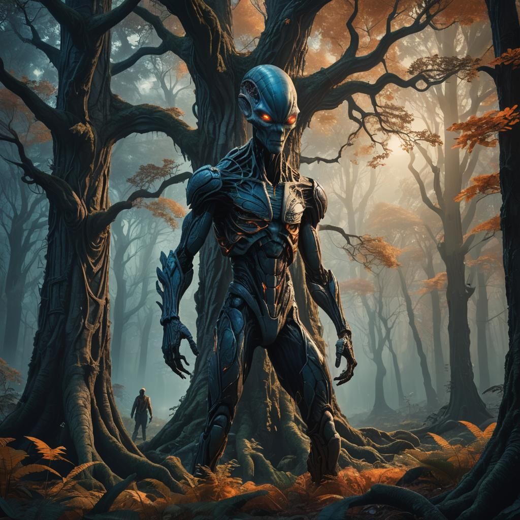 Alien Man in Forest: Detailed Matte Painting