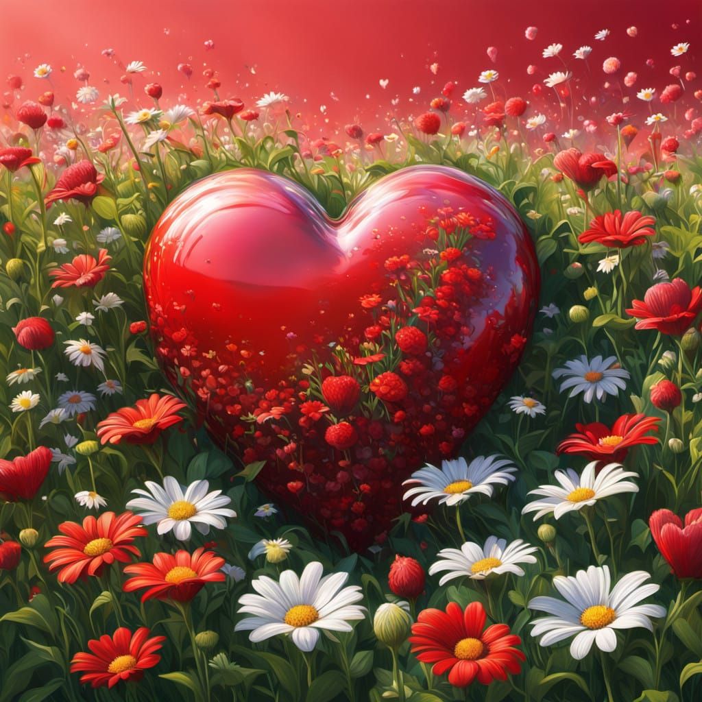 Hyperrealistic Heart Blooms in Vibrant Floral Field