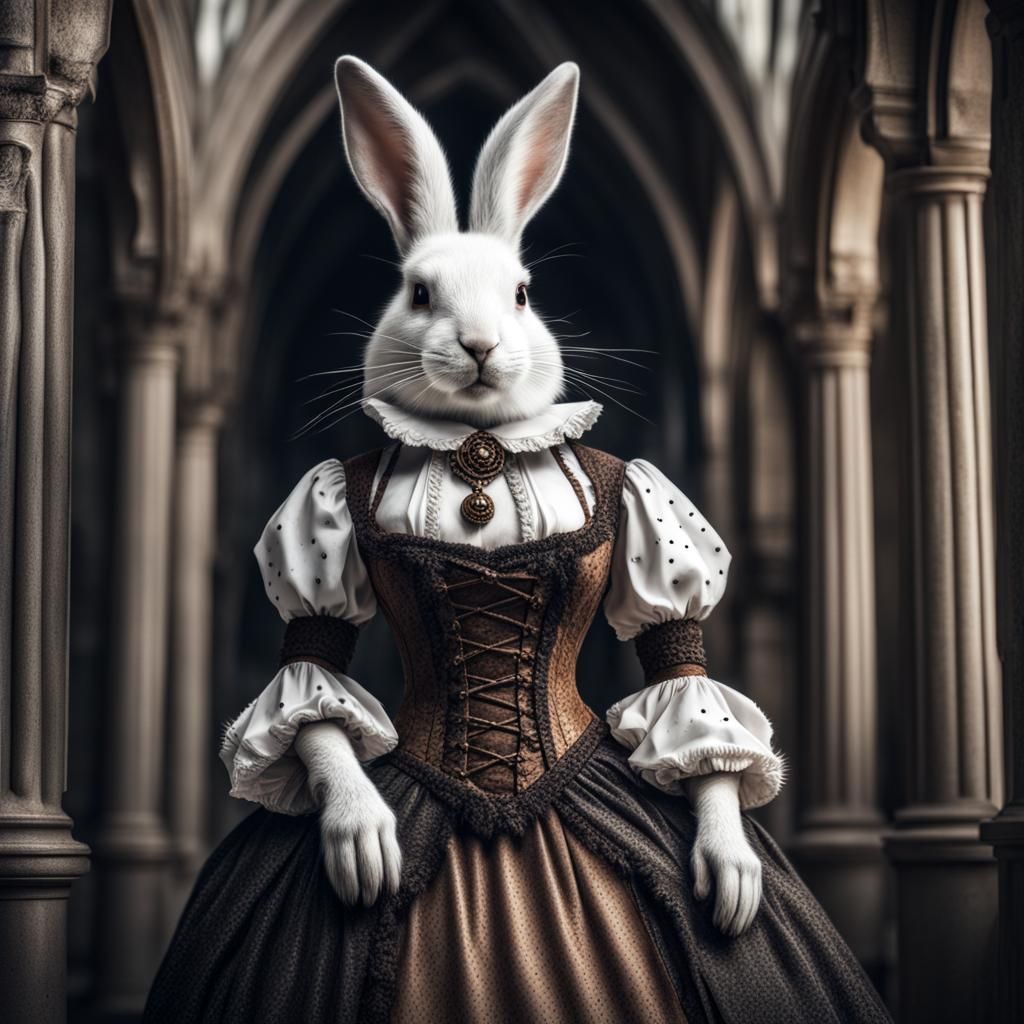 Hyperrealistic Portrait of White Cabbit Furry in Gothic Dres...