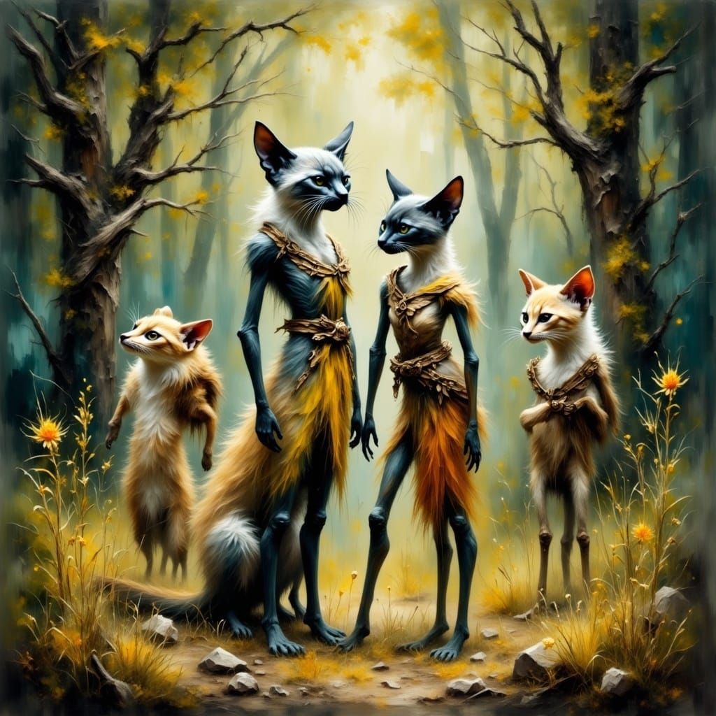 Mystical Warrior Cats and Elves in a Dreamy Grunge Landscape