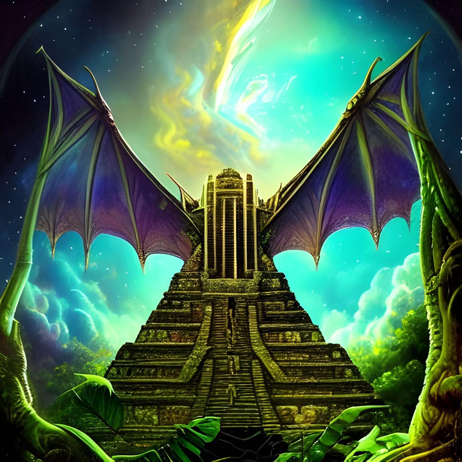 Dragon on Mayan Temple in Gothic Galaxy Art