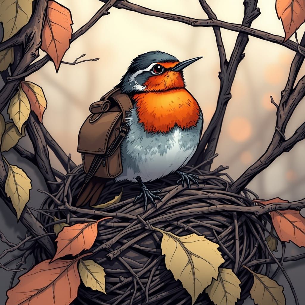 Robin with Backpack in Comic Book Art Style