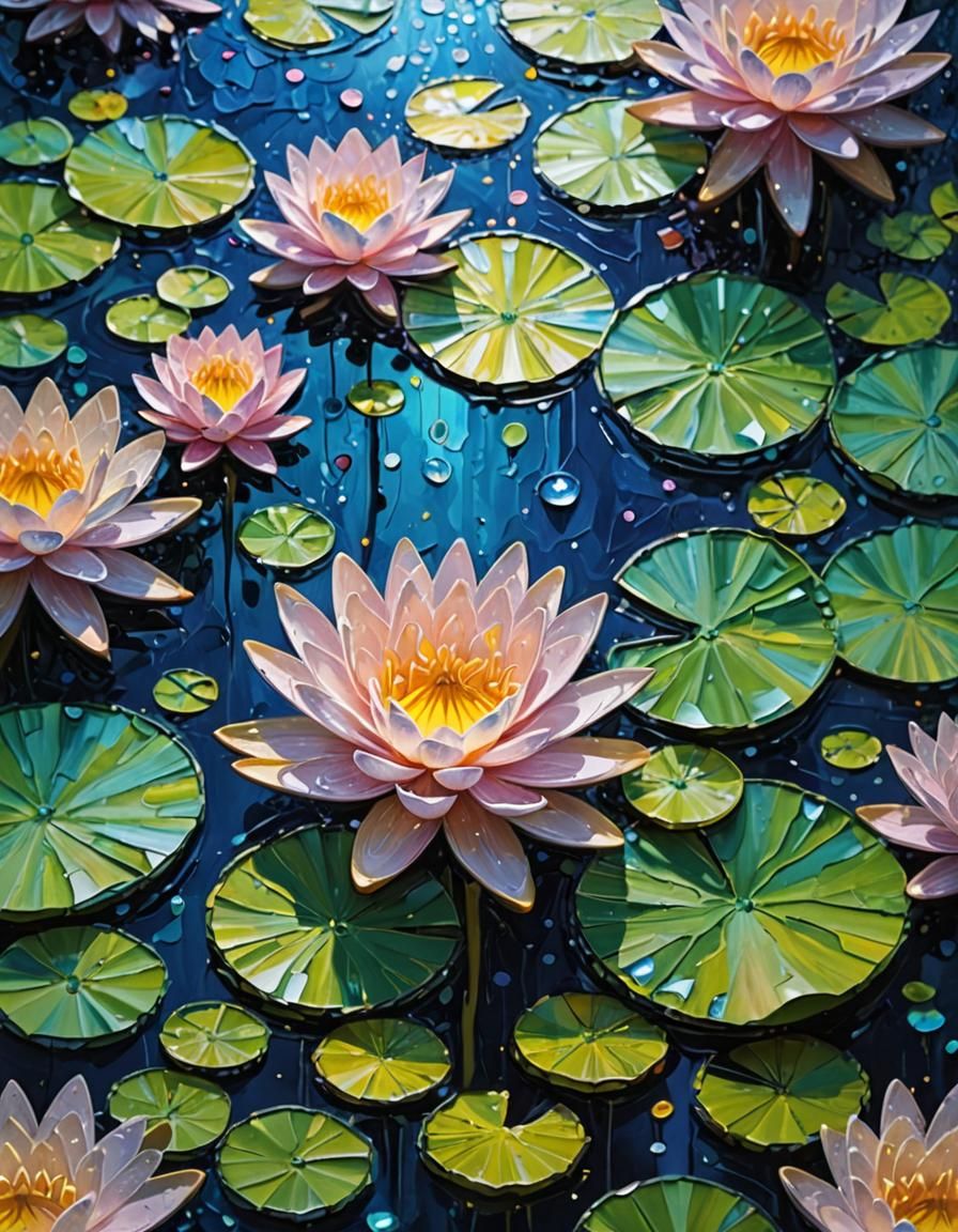 Luminous Water Lily in Impasto Style