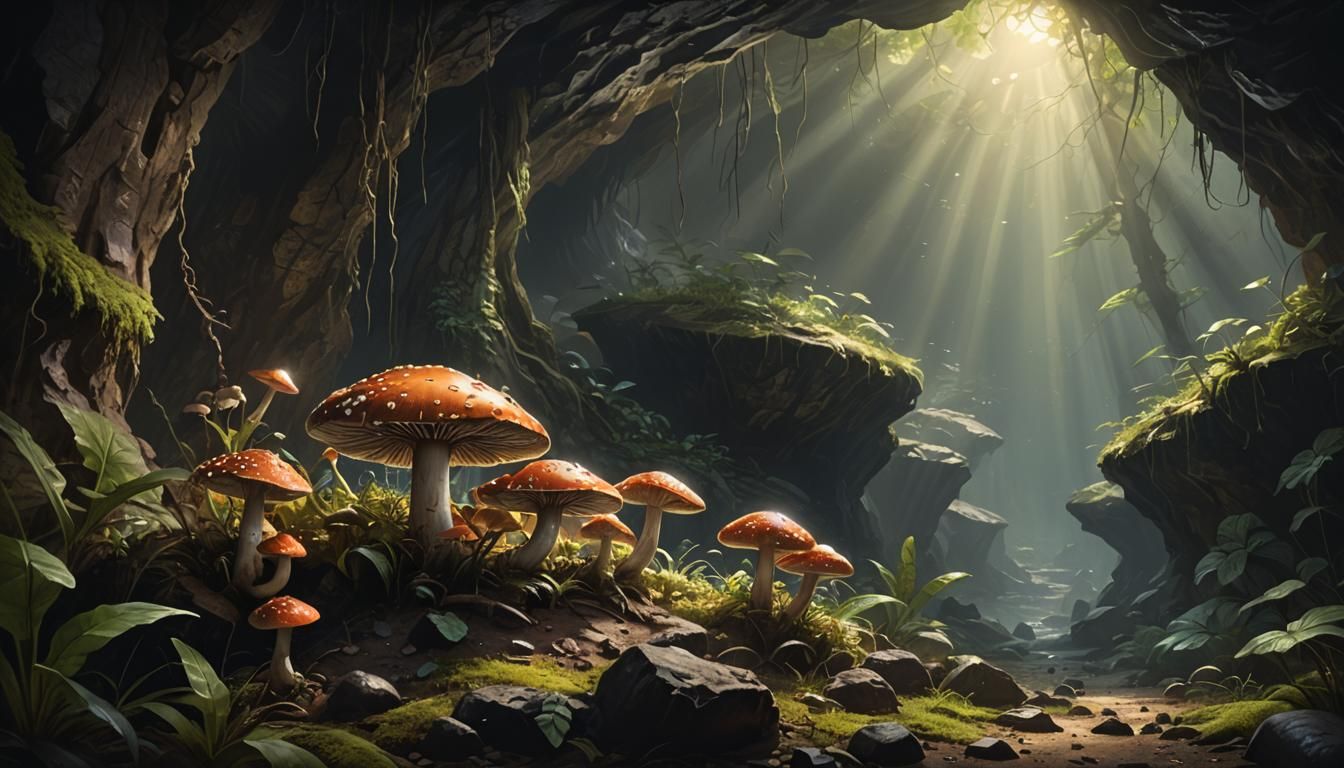 Dramatic Jungle Mushroom Cave: Oil Painting