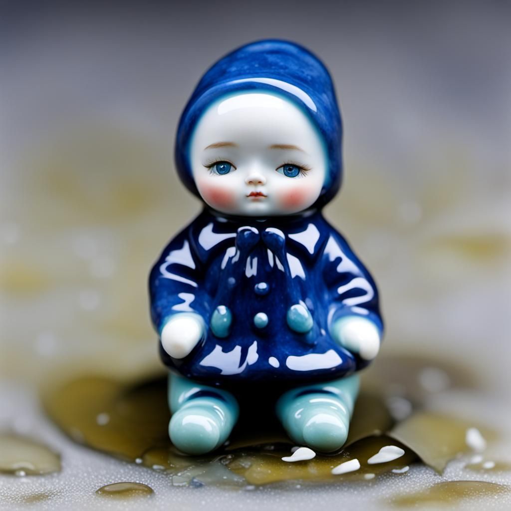 Broken Porcelain Doll in Puddle: 3D Digital Art