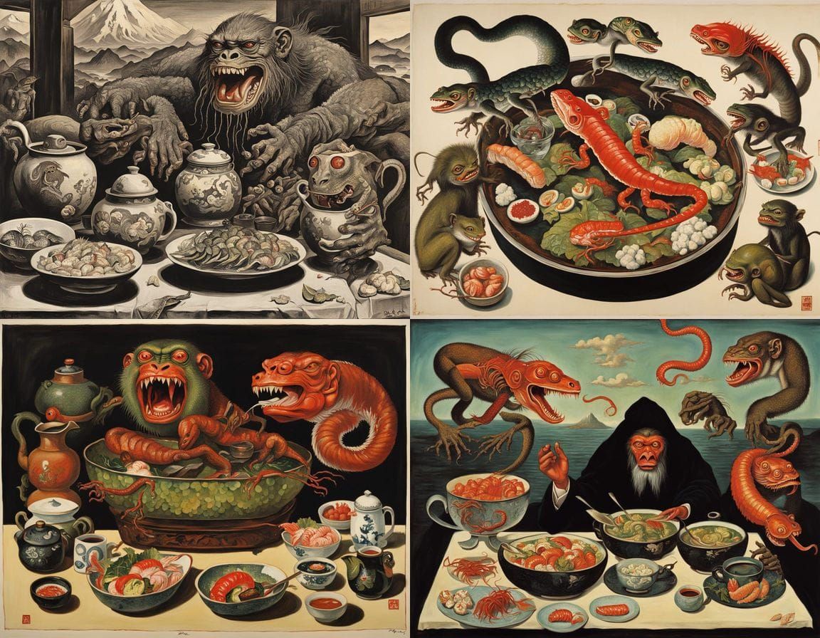 Grotesque Art Deco Homunculus in a Japanese Sushi Tea Ceremo...
