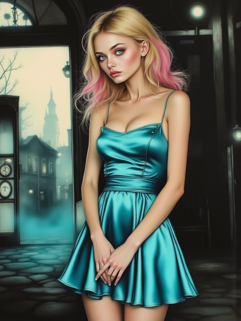 Pin Up Woman With Pink Tipped Hair in Metallic Cyan Dress