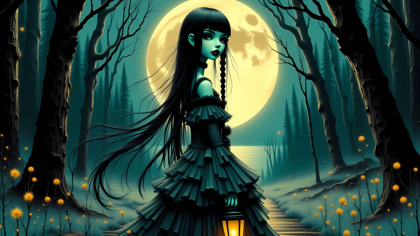 Gothic Manga Doll in Moonlight with Lantern