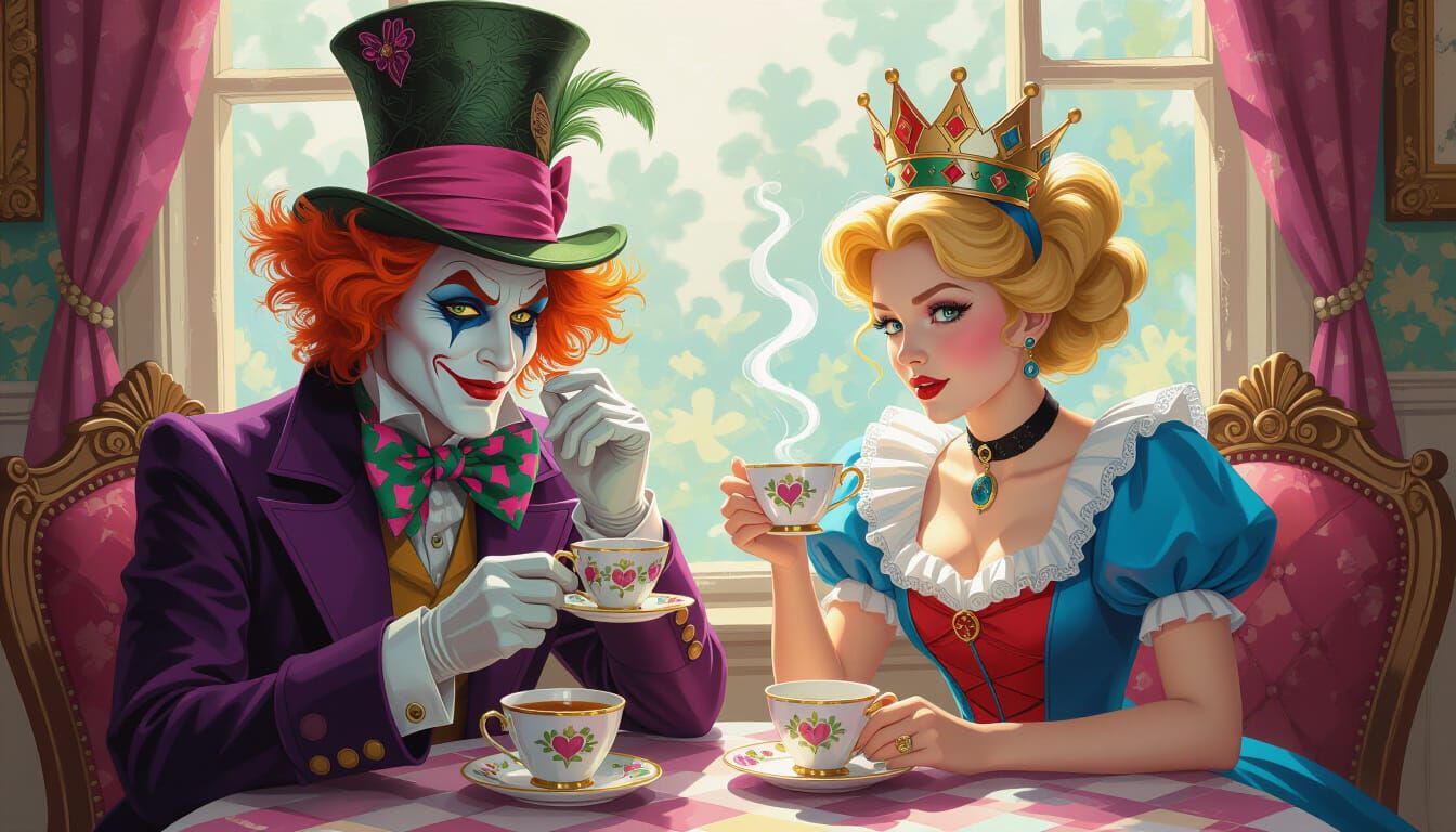 Mad Hatter Serves Tea to Alice and Queen of Hearts
