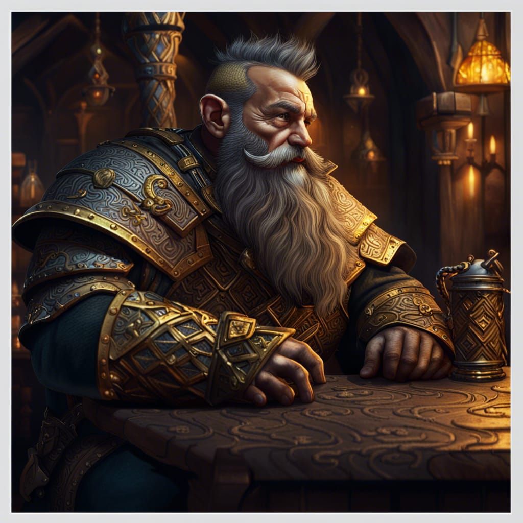 Armored Beard Dwarf in Tavern: Fantasy Concept Art