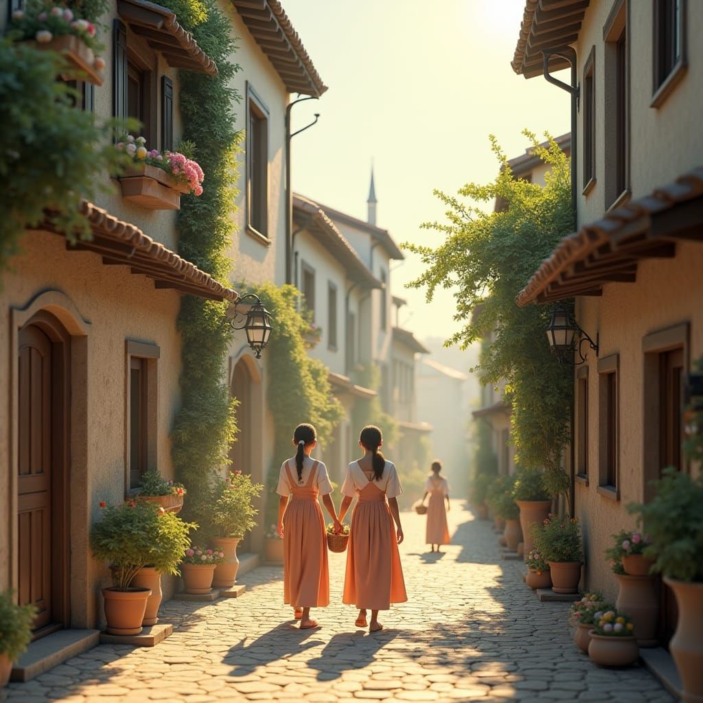 Medieval Village Awakens: 3D Anime Art in Soft Light