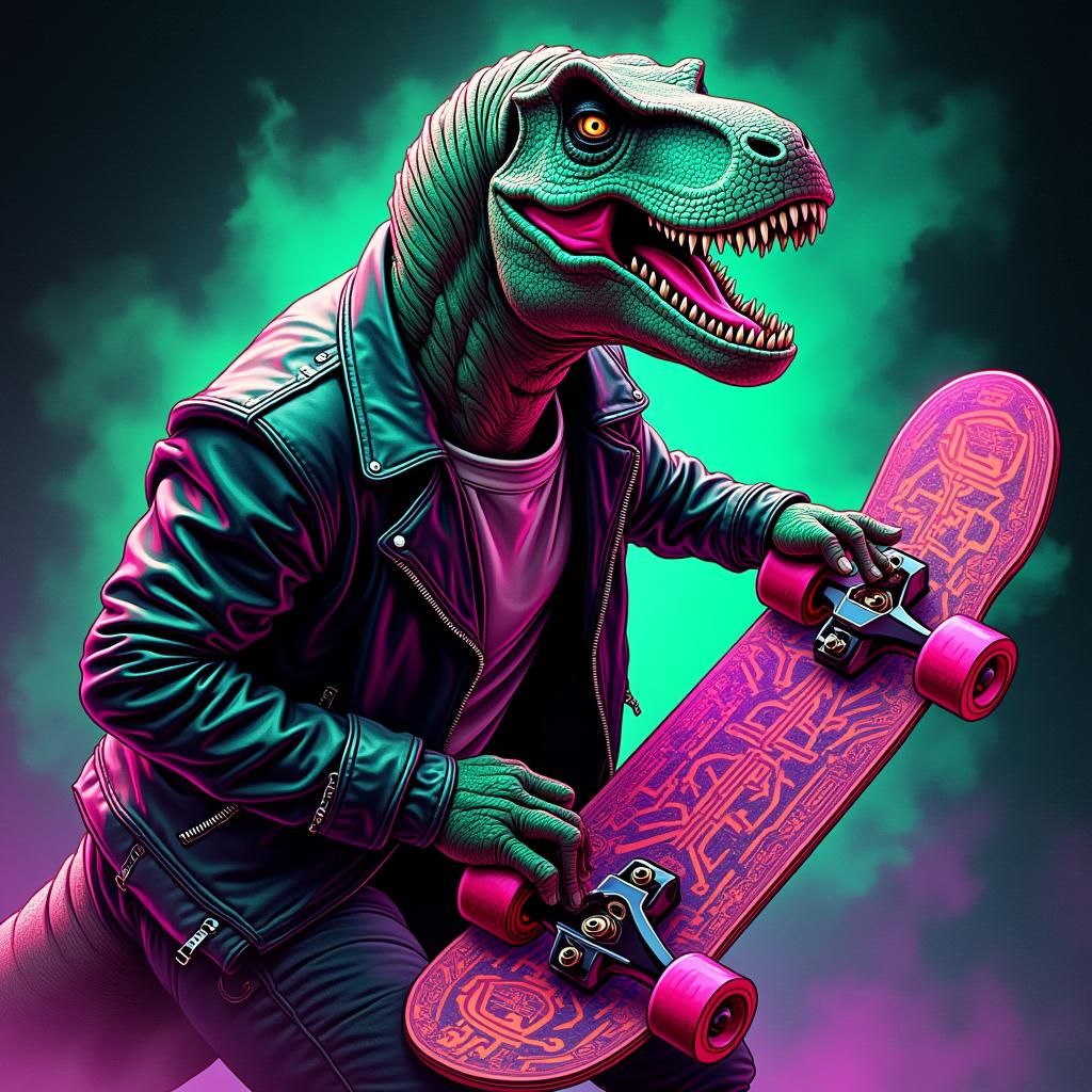 Time-Traveling Dinosaur on Skateboard in Vector Art Style