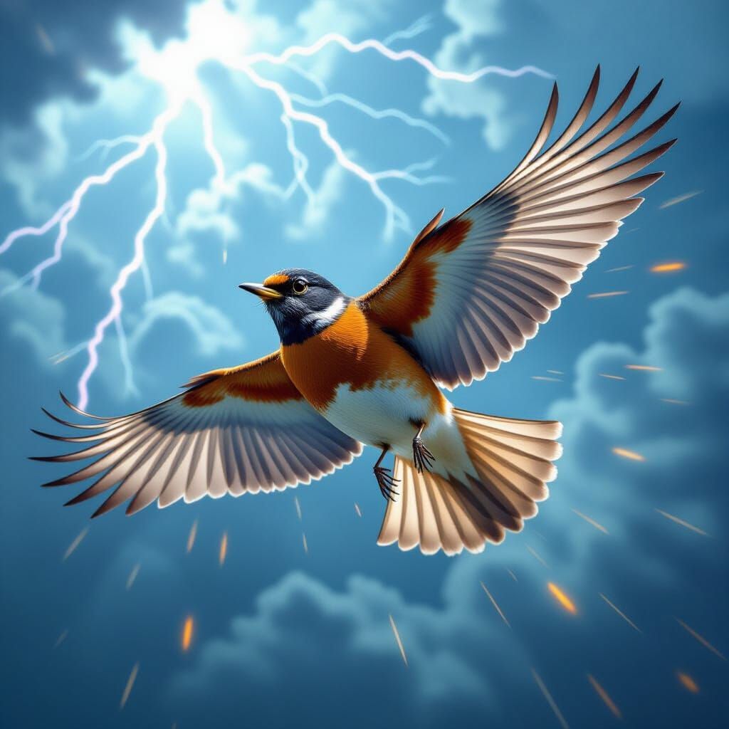 Robin Soaring Through Stormy Sky in Hyperrealistic Style