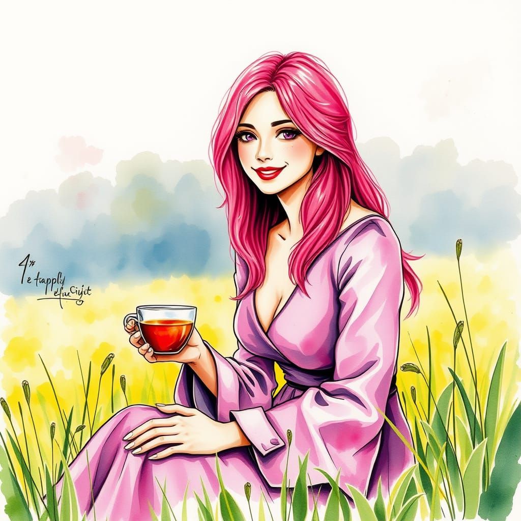Pink-Haired Woman Enjoying Tea: Watercolor Ink Splatter Styl...