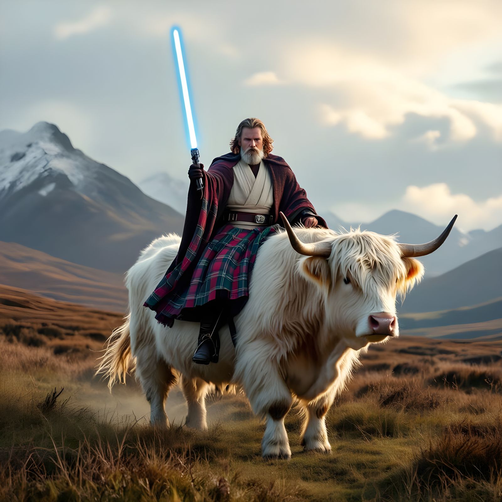 Obi Wan Kenobi Rides Highland Cow with Lightsaber