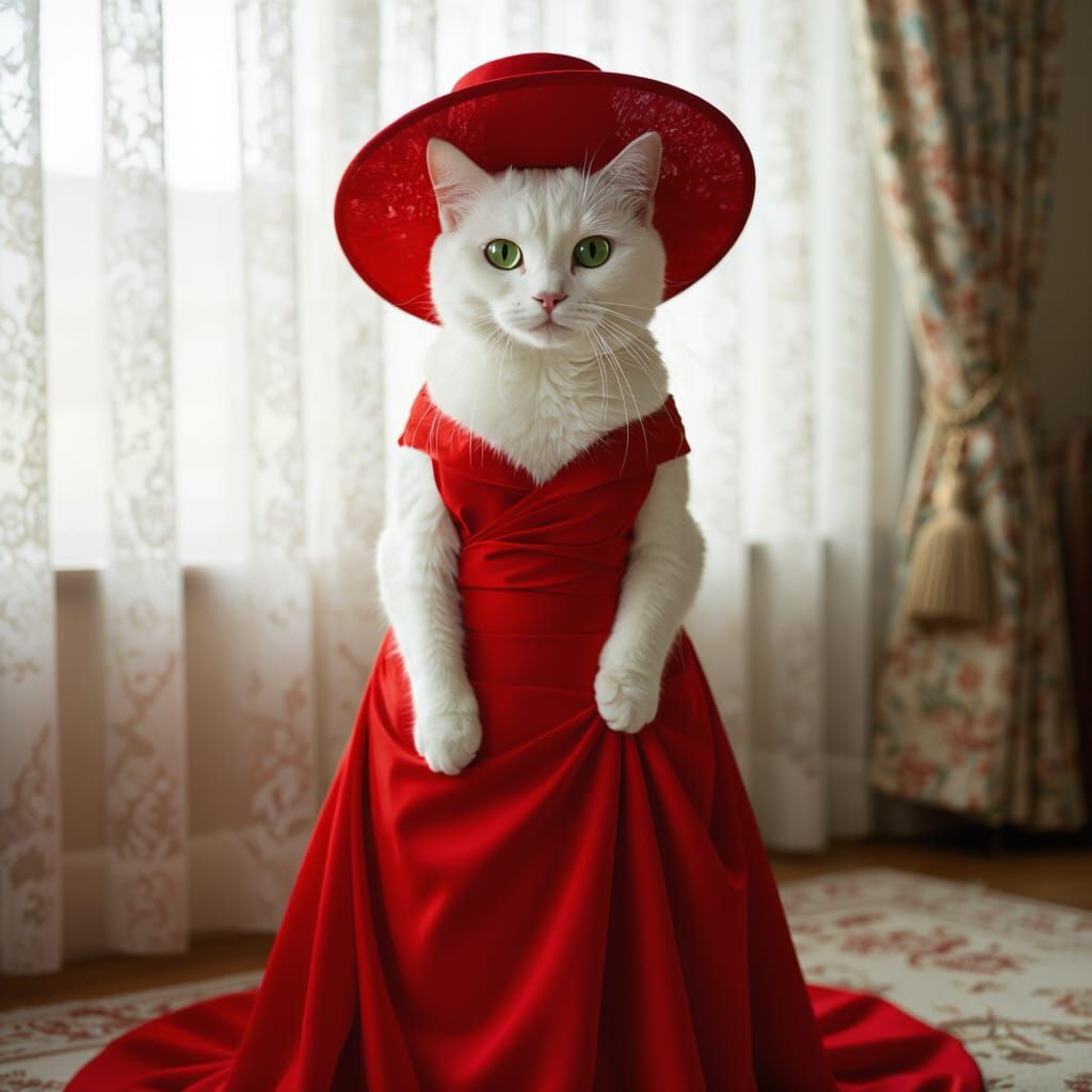 White Cat in Red Gown and Hat - Cinematic Photo