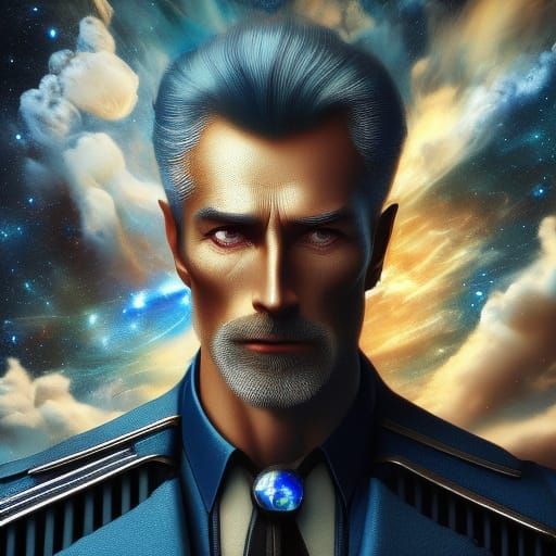 A determined starship captain standing confidently on the br...