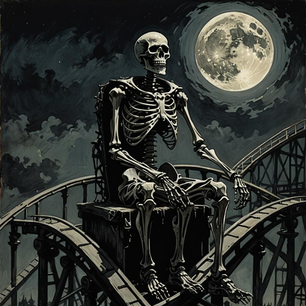 Eerie Skeleton Ghost on Roller Coaster, Gothic Style