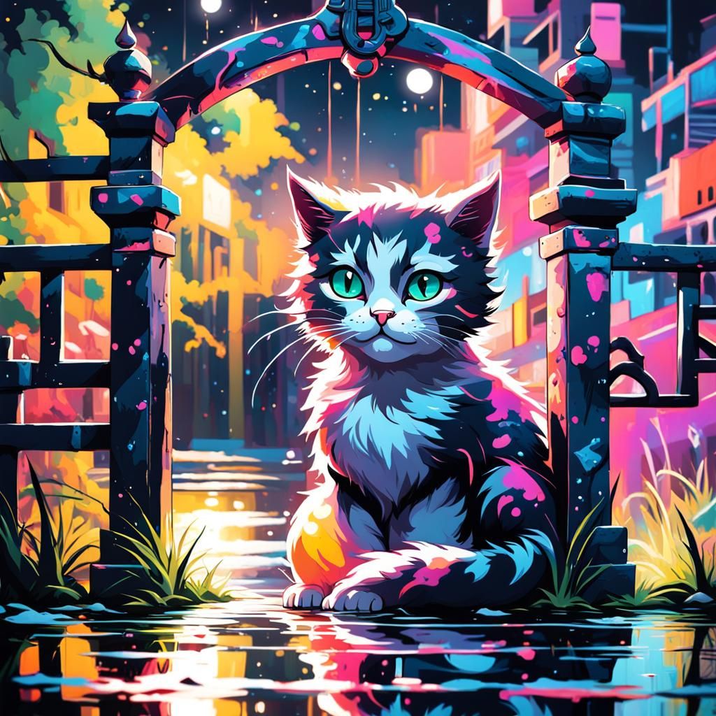 Kitten Behind Tori Gate: Graffiti Splash Art