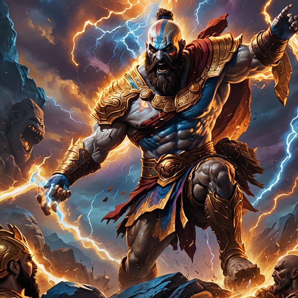 Kratos vs Zeus: A Fantastical Oil Painting
