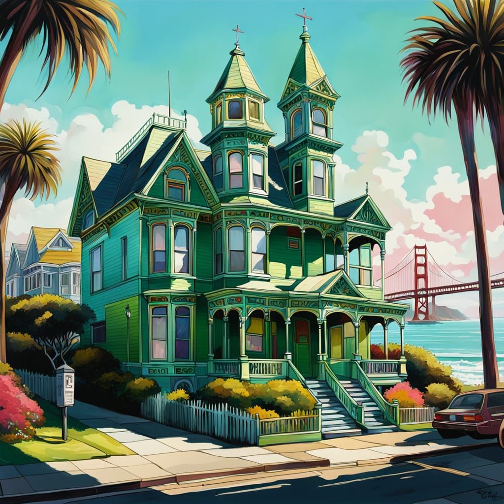 Vibrant San Francisco Victorians in Colorful Street Art Styl...