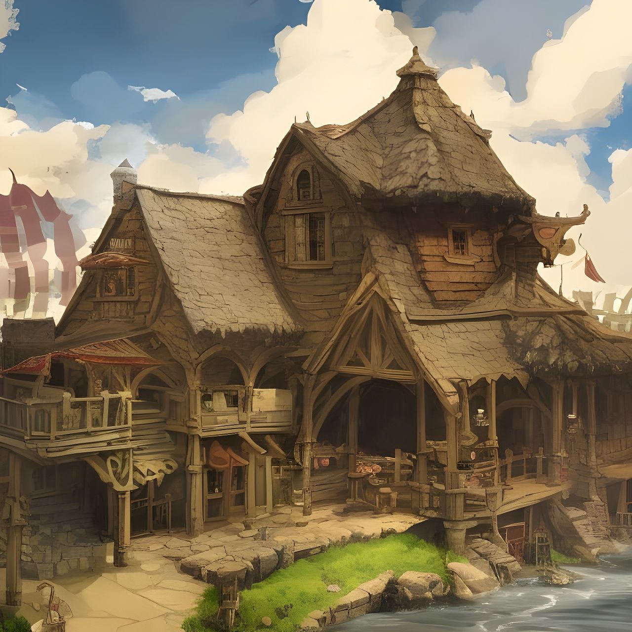 Detailed Medieval Tavern on River in Watercolour Style