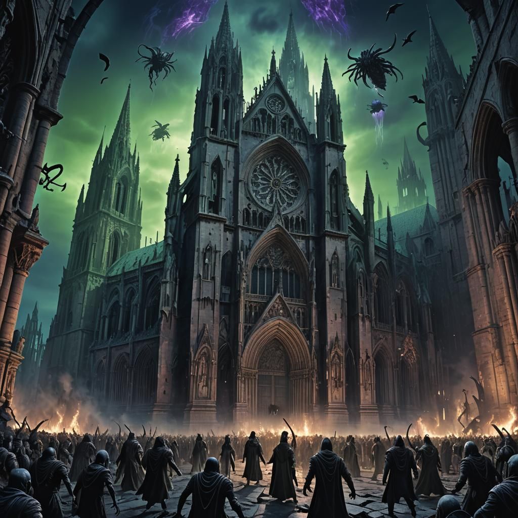 Alien Swarm Assaults Gothic Cathedral in Dark Fantasy Painti...