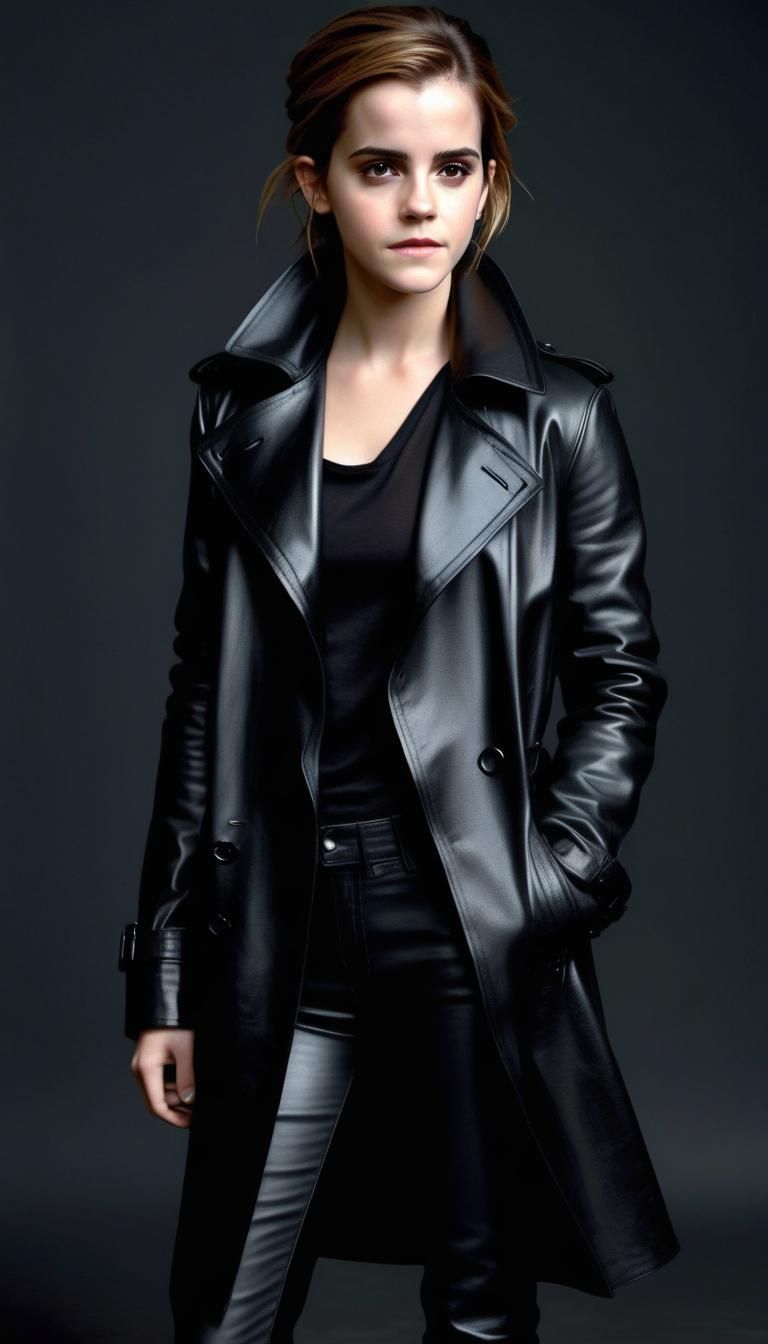 Woman in Black Leather Trench Coat, Ultrarealistic