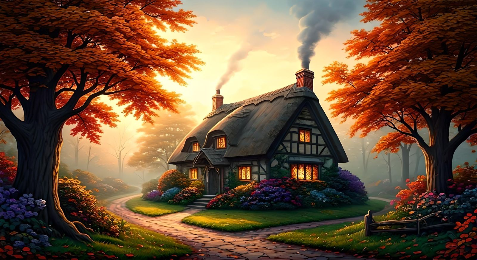 Autumn Cottage in Folk-Art Illustration Style