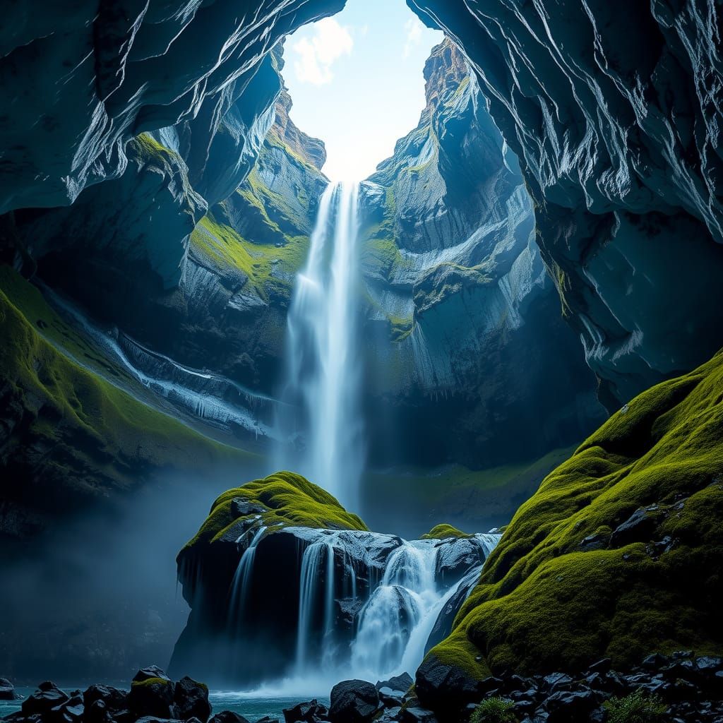 Magnificent Ice Cave Waterfall with Lush Moss