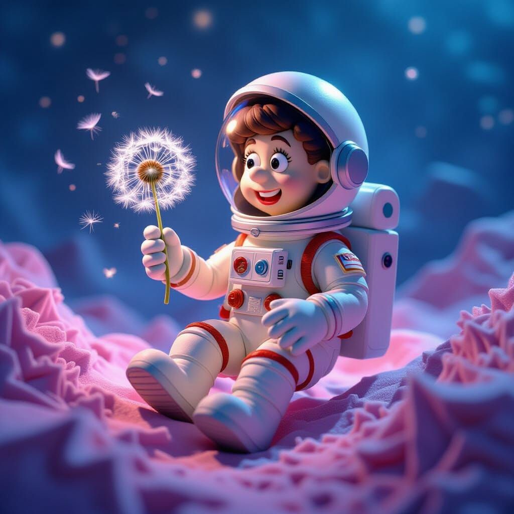 Claymation Astronaut in Nebula with Dandelion Seed Pod