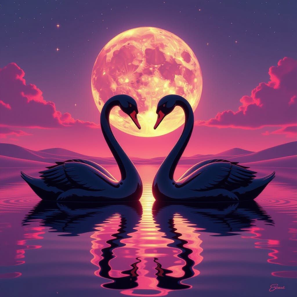 Obsidian Swans Reflecting Aurora in Surreal Desert