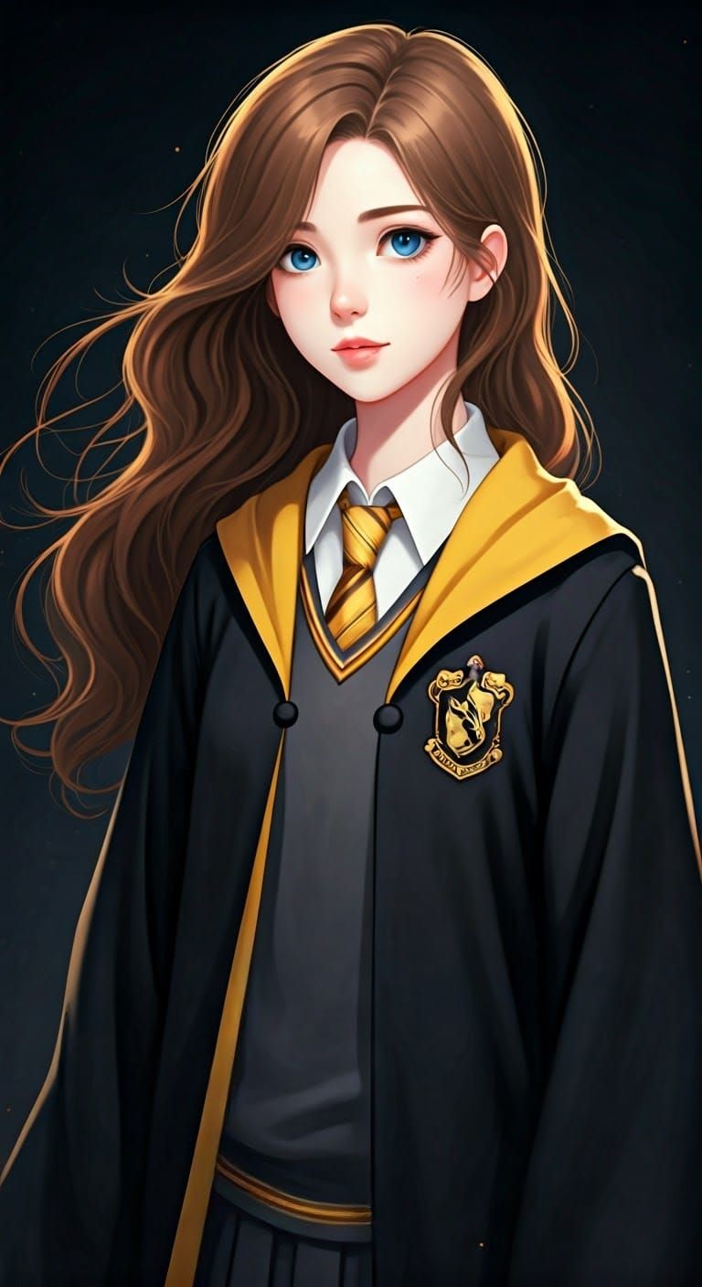 Anime Girl in Hufflepuff Uniform, Cel-Shaded Style