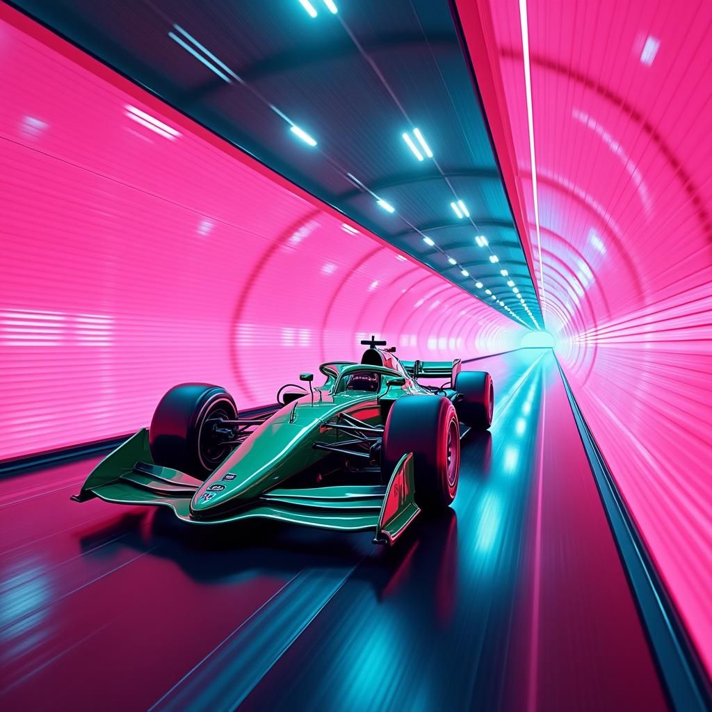 Green Racing Car in Futuristic Pop Art Tunnel