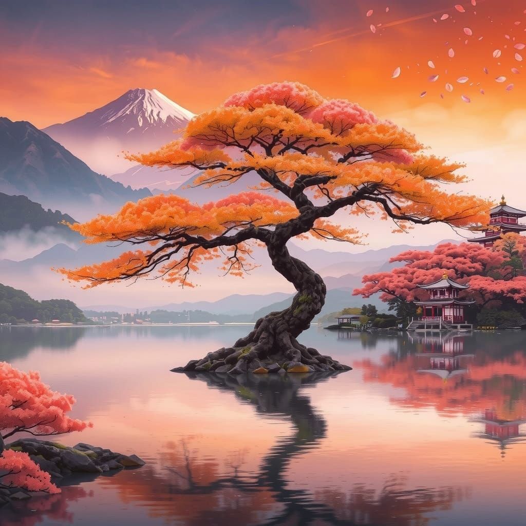 Ancient Sakura Tree in Vibrant Grunge Palette