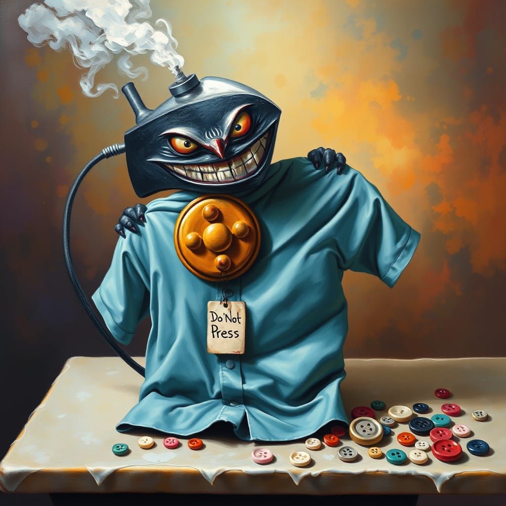 Surreal Iron Monster Melts Whimsical Button