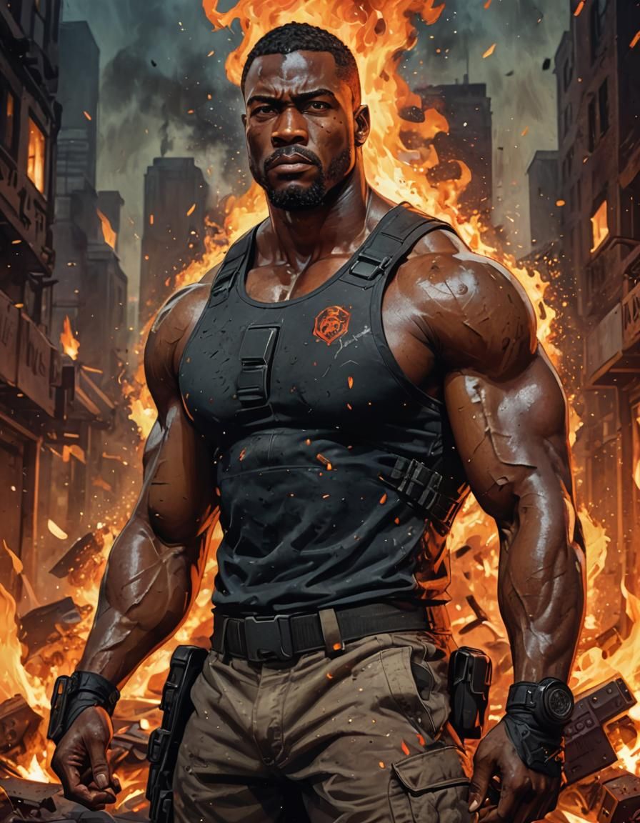 Muscled Action Hero Portrait with Fiery Backdrop