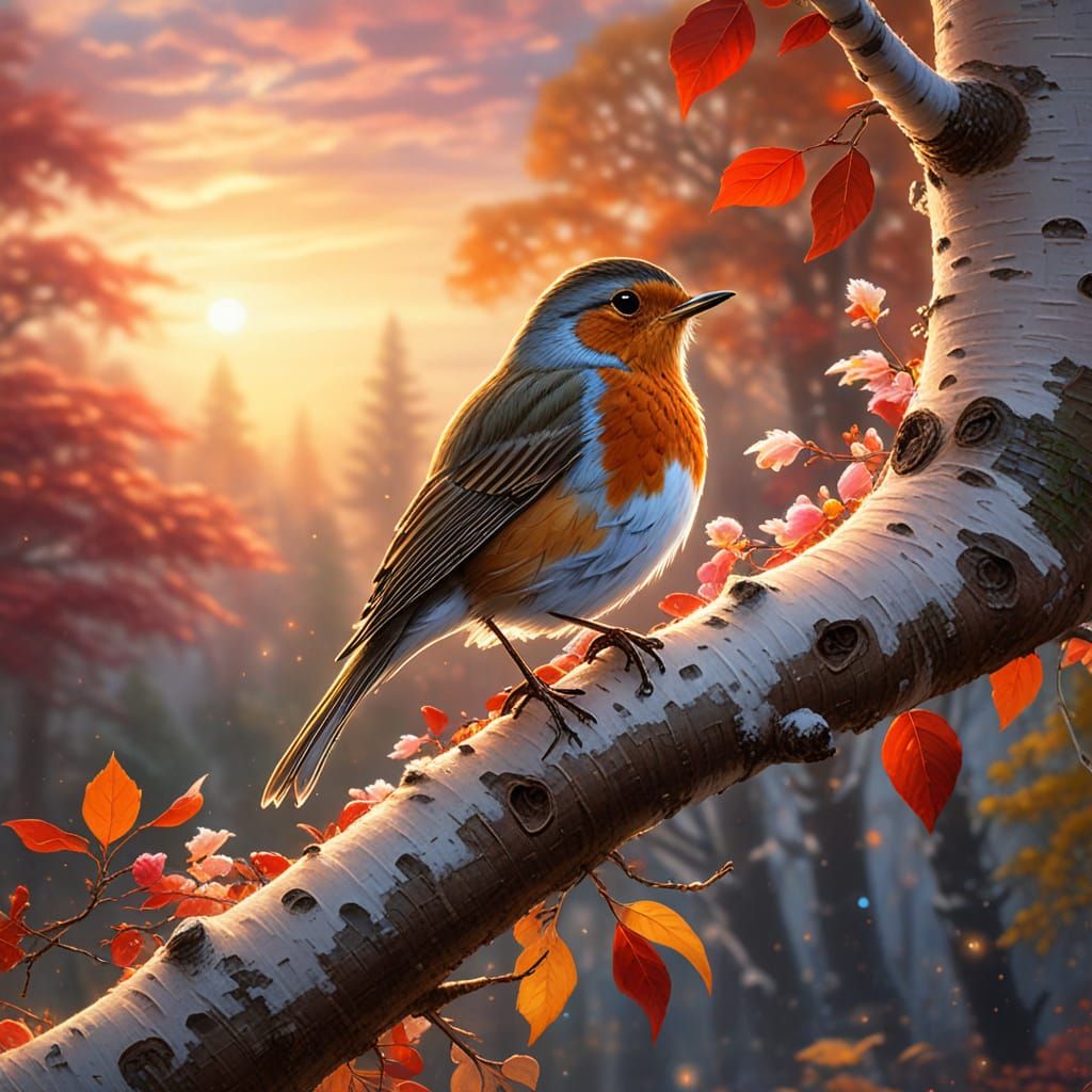 Robin Sings at Sunset in Dreamy Landscape