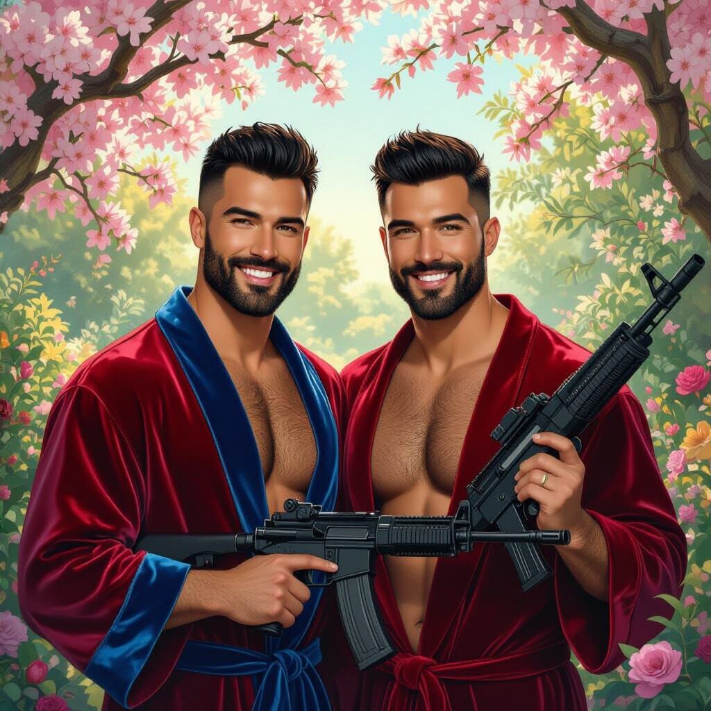 Handsome Men in Velvet Robes Holding Guns in Paradise Garden