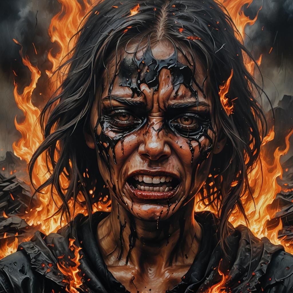 Apocalyptic Girl Crying in Burning Landscape: Oil Painting