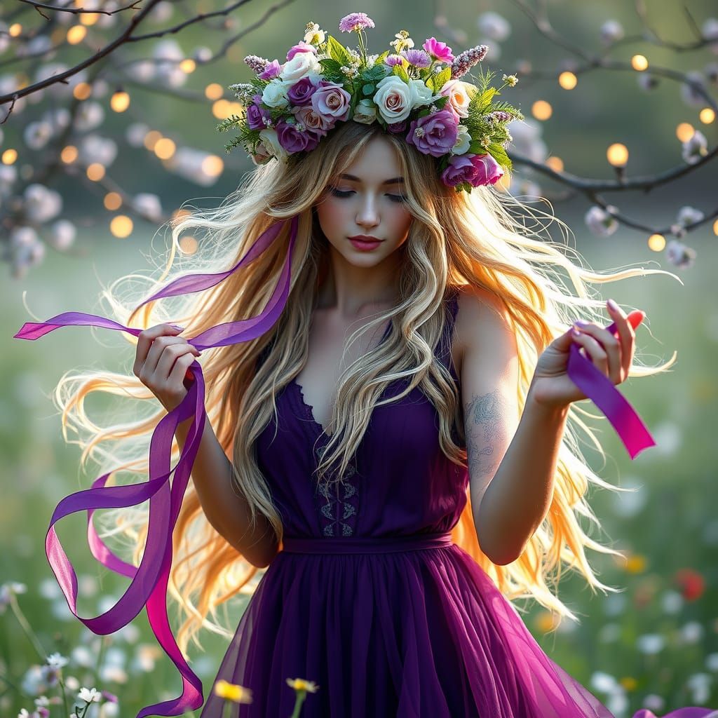 A beautiful goddess with flowing blonde hair adorned with a ...