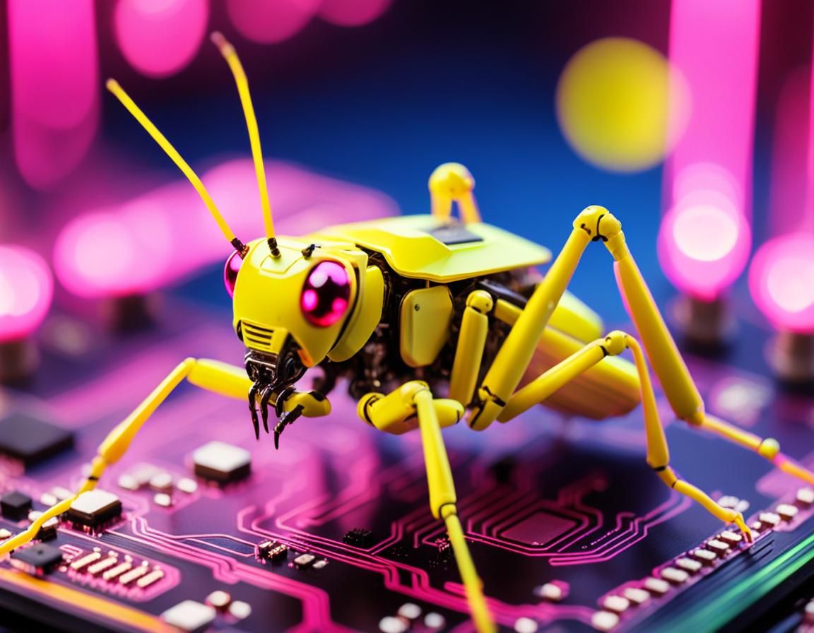 Vibrant Neon Cricket Robot in Close-Up Product Photography