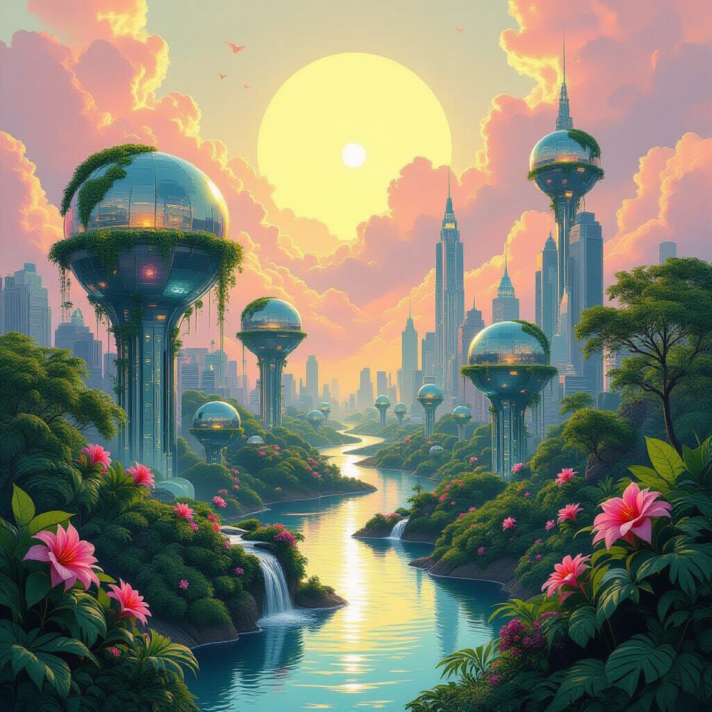 Futuristic Cityscape of Nature and Technology